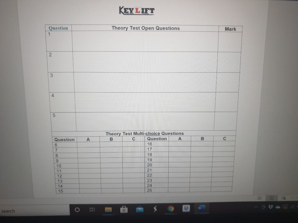 Forklift theory test answer paper